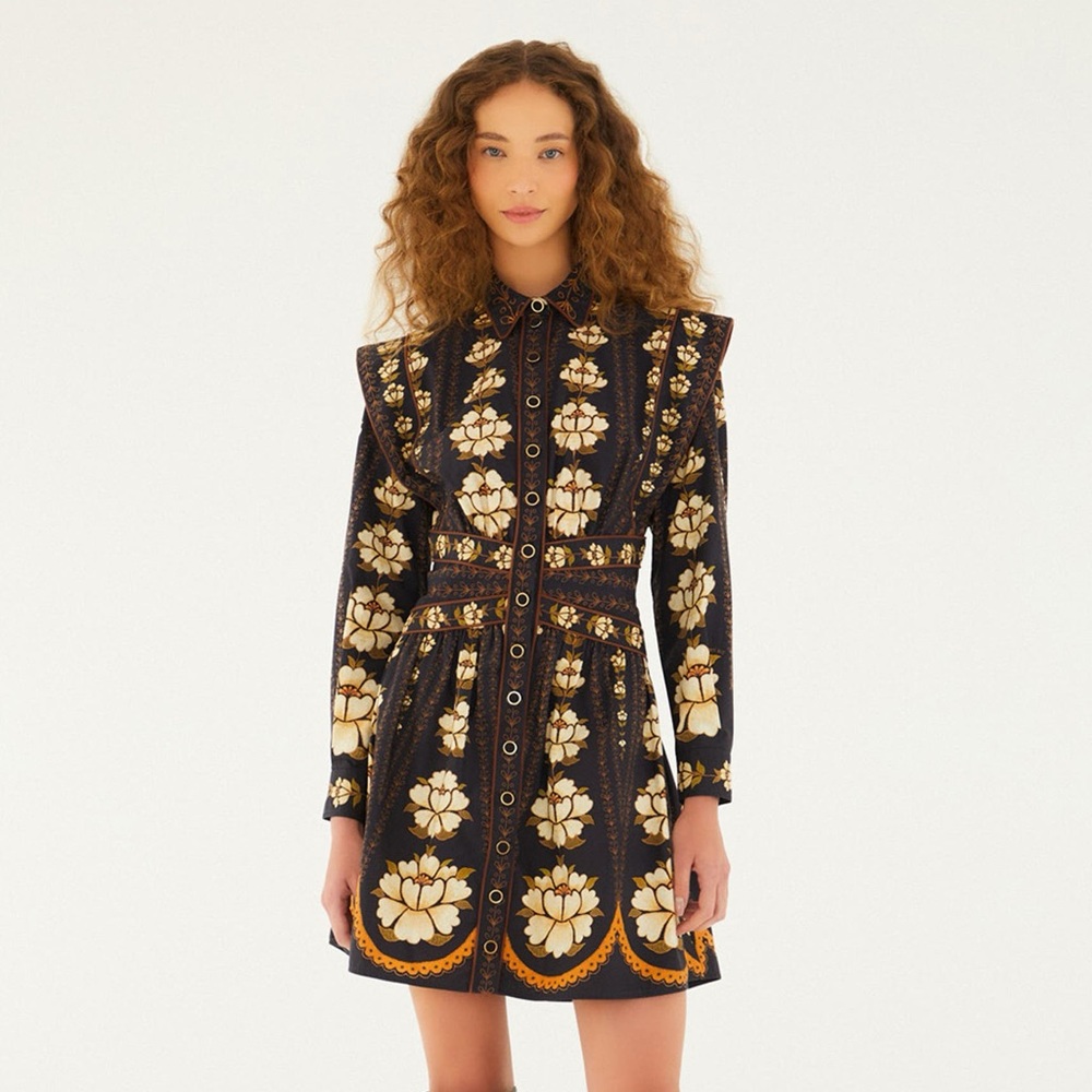 FARM Rio Floral Long Sleeve Cotton Dress Black Large NWI
